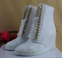 White Spring Leather Women Hidden Wedge Platform Fashion Ankle Booties Lace Up Metal Chain Height Increasing Short Boots Shoes