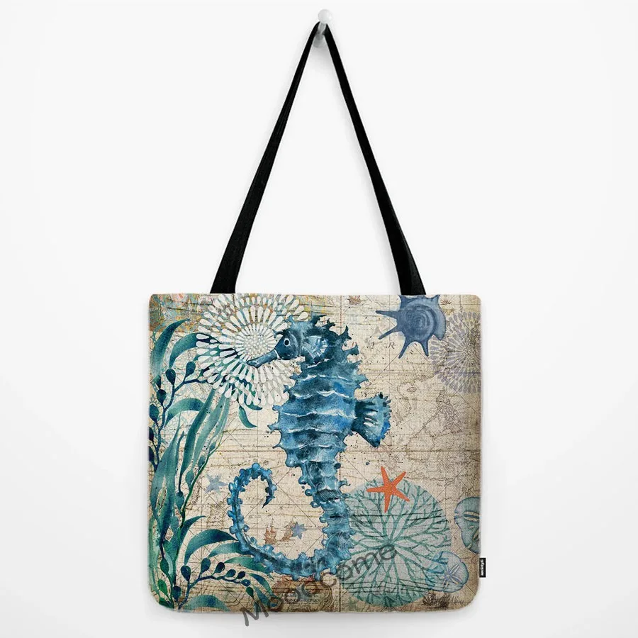 Vida aquática tartaruga cavalo marinho vintage polvo vida selvagem estrela do mar coral caranguejo marinho bolsa de ombro grande sacola de compras