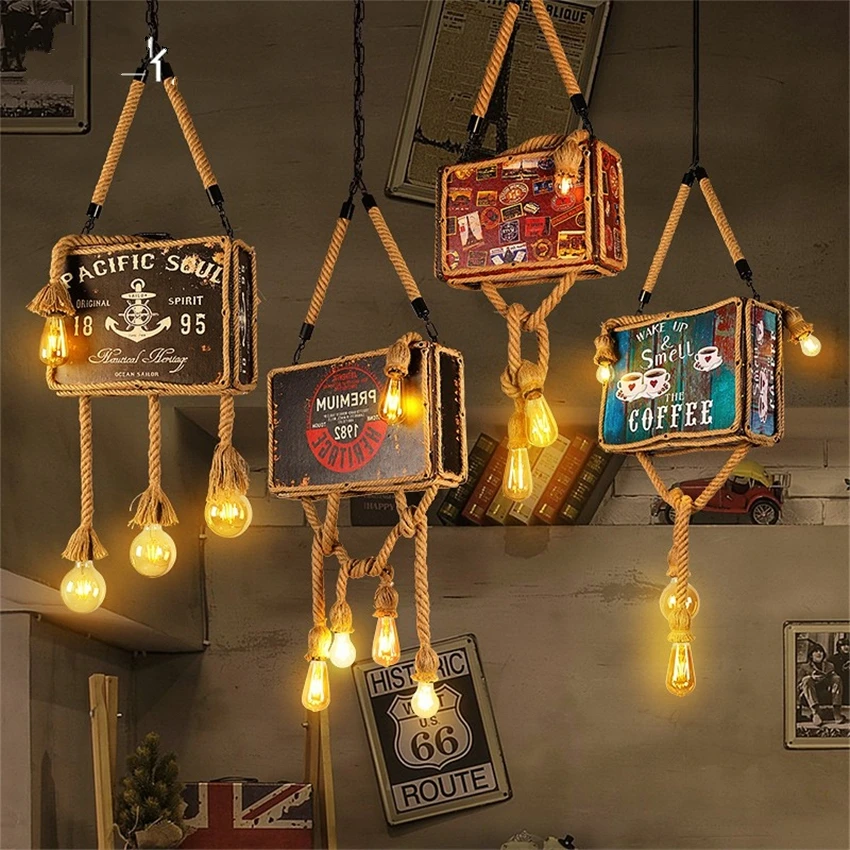 Iron Box Hemp Rope Pendant Lights Loft Restaurant Kitchen Antique Art Deco lamps American Country Bar Hanging Lights Luminaires