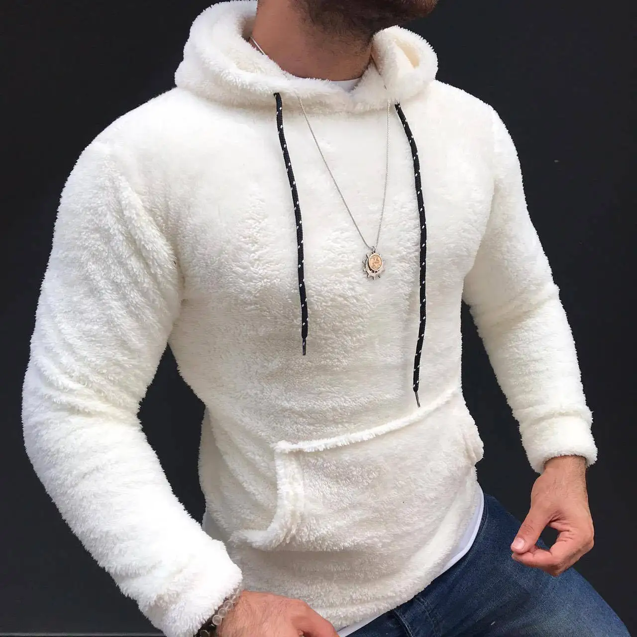 Men Hoodies Loose Double-sided Velvet Drawstring Hooded Long Sleeve Sweatshirts Jacket Men Fashion Solid  Hoodie