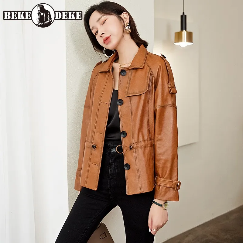 100% Real Leather Short Jacket Women Street Sheepskin Slim Biker Coat Autumn Vintage Single Breasted OL Casual Jacket Female