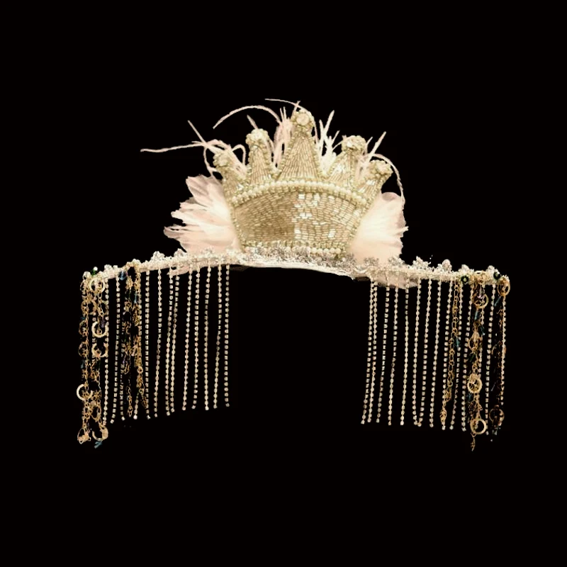 

Hair Accessories Crown Fashion Show Handmade Feather Veil Princess Gold Crowns Catwalk Performance Headpiece