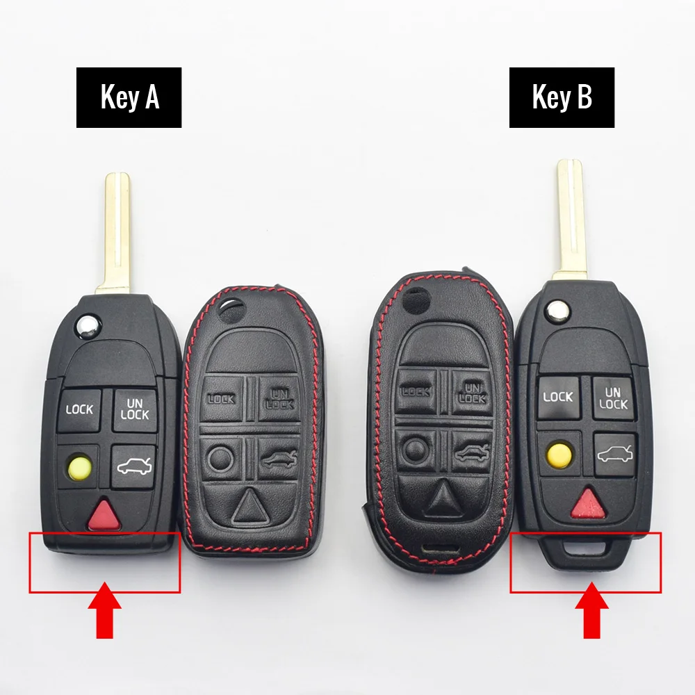 Leather Car Key Case For Volvo S80 S60 V50 V70 XC70 XC90 5 Button Remote Fob Shell Cover Keychain Protector Bag Auto Accessories