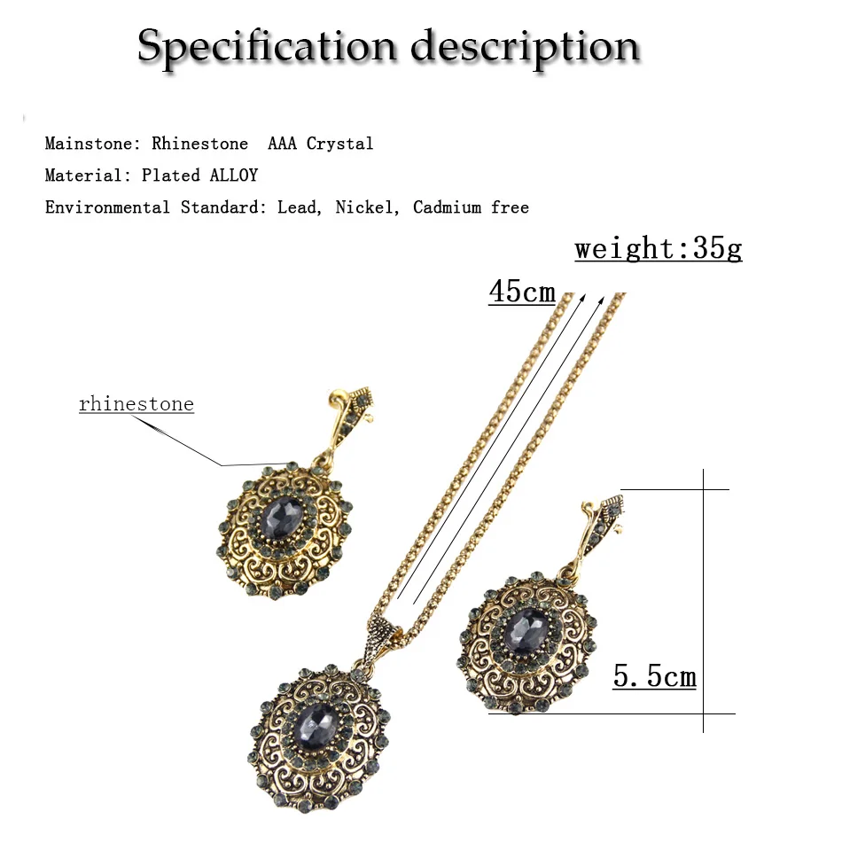 Sunspicems Retro Vintage Bohemia Women Jewelry Sets Antique Gold Color Gray Crystal Drop Earring Necklace Turkish Bijoux Gift