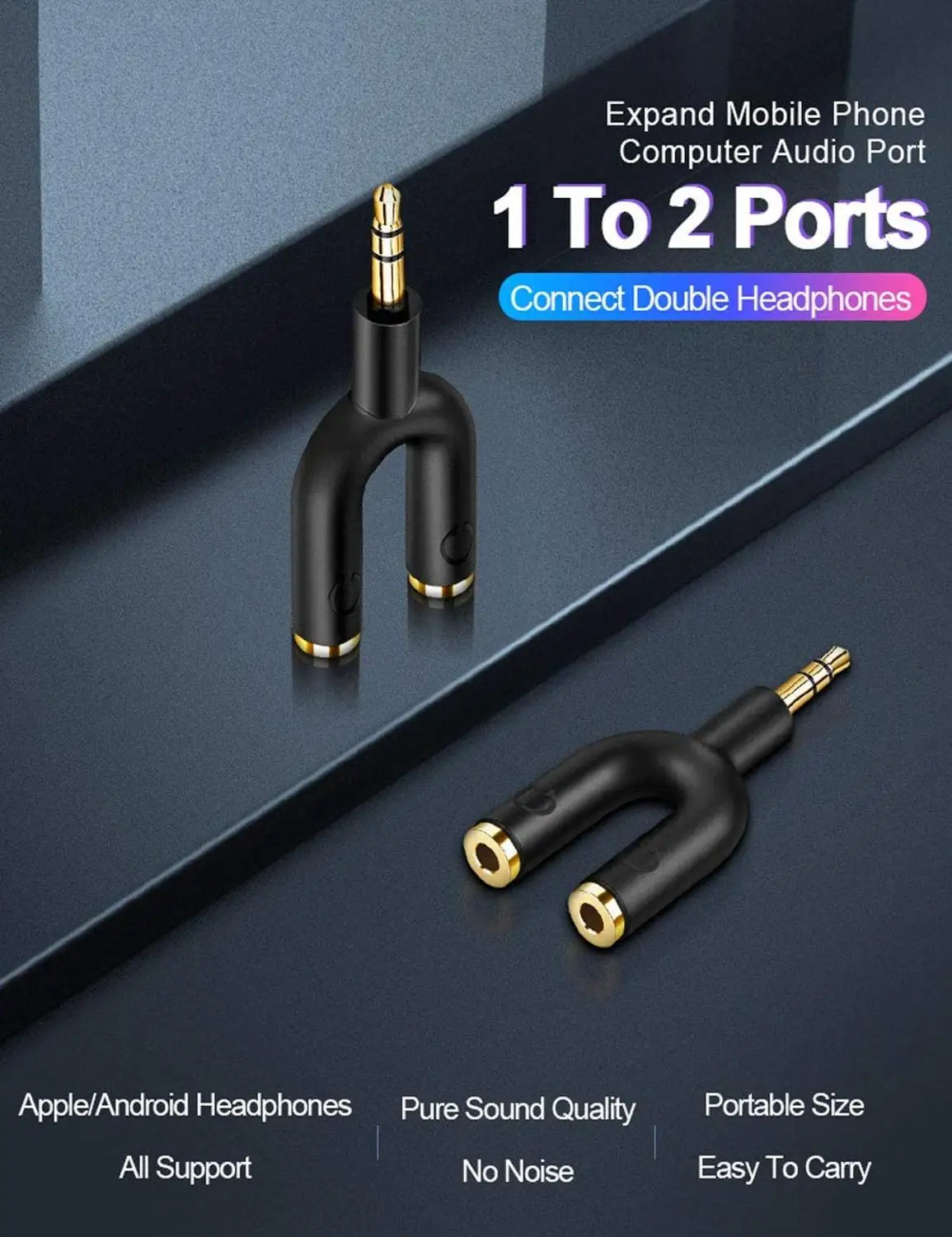 Adaptador de divisor de fone de ouvido, aux stereo y jack, 3.5mm macho para 2 portas 3.5mm fêmea, compatível com fone de ouvido, fone de ouvido, telefone, reprodutor de mp3