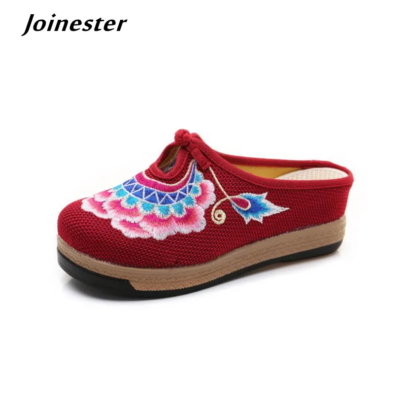 Summer Ladies Platform Canvas Slippers Wide Toe Women Retro Button Wedge Slides Female Leisure Outdoor Mules Backless Sandals