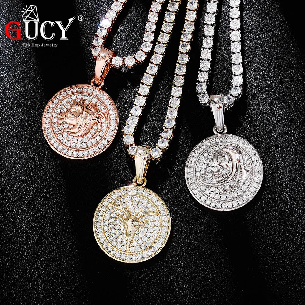 GUCY New 12 Constellations Pendant Necklace Iced Out Micro Pave Cubic Zirconia Hip Hop Jewelry With 3MM  Rope Chain For Gift