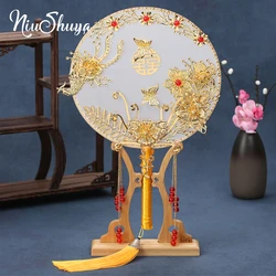 NiuShuya New Bridal Fan Chinese Vintage Handmade Silk Round Fan Holding Flower Ancient Gold Fan  Wedding Accessories