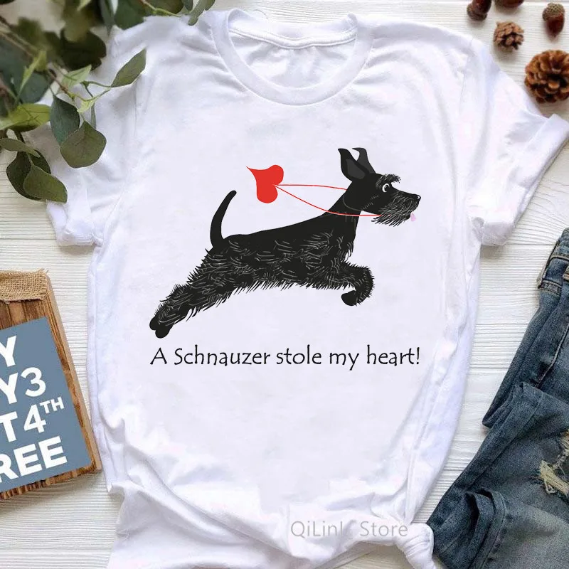 

A Schnauzer Stole My Heart Funny Graphic T Shirts Women Summer White Short Sleeve Casual T-Shirt Ladys Girls Top Dog Lover Gift