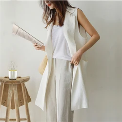 M-2XL Single-breasted Loose Simple Vest Jacket White 2025 Autumn Spring Sleeveless Suit Waistcoat Linen Long Coat Female QEN009