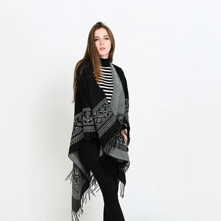 Geometric Pattern Double-sided Tassels European American Fashion Lengthened Imitation Cashmere Office Travel Fork Shawl Khaki