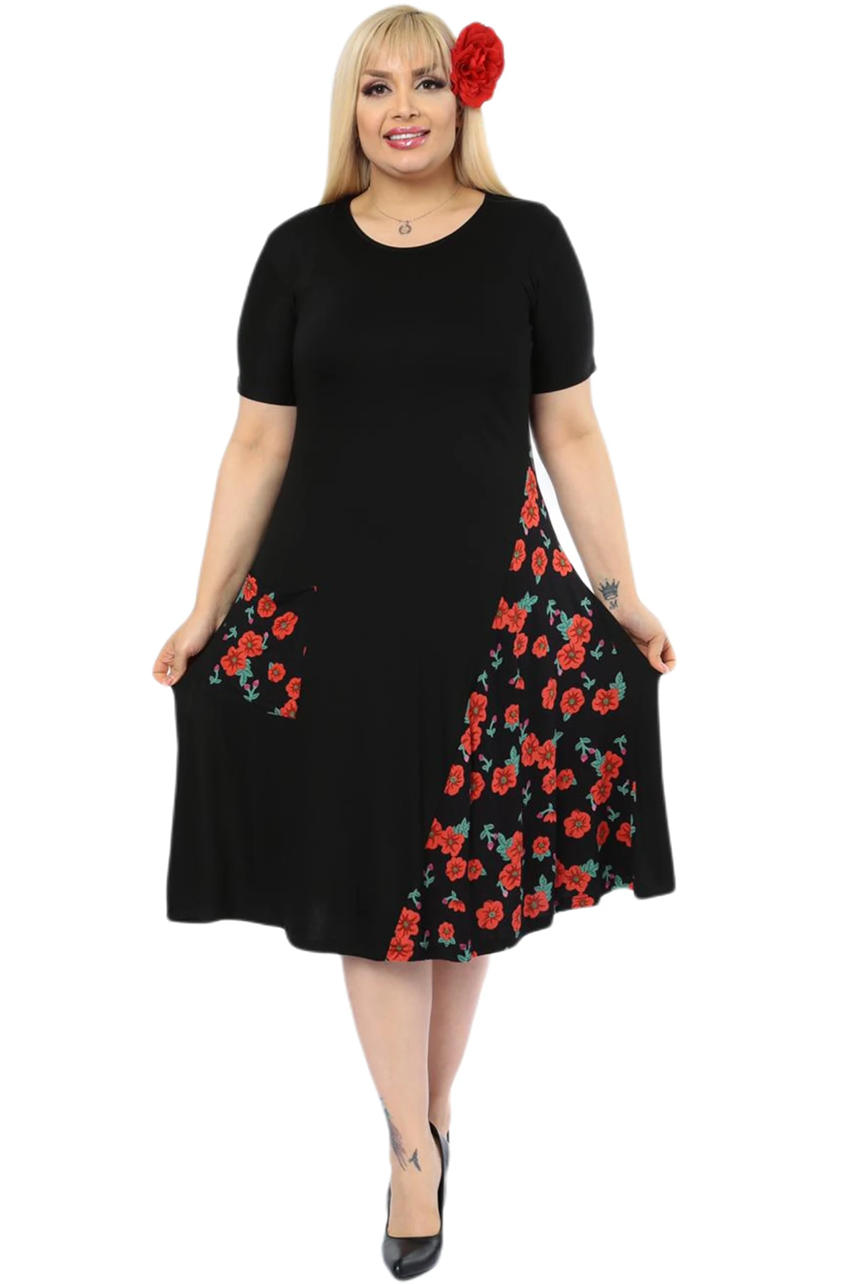 Hanezza Plus Size Women Fashion 2021 Summer Clothing Floral Knee-Lenght Short Sleeve Elegant Viscose Dress 2XL - 6XL Large Size O-Neck Collar Chic Tops 42 - 52 EU Casual Wear Female Plus Body Type Black, Red, Green