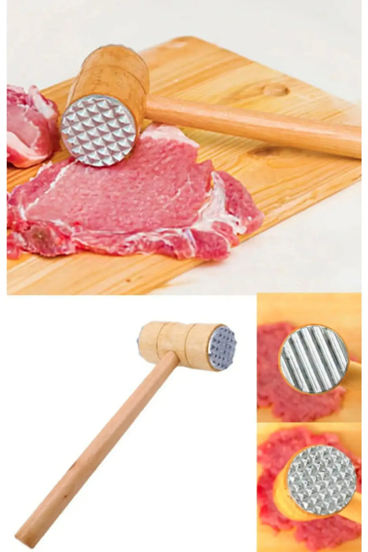 Meat Döveceği Meat Tenderizer Hammer Two-Sided Wooden Handle