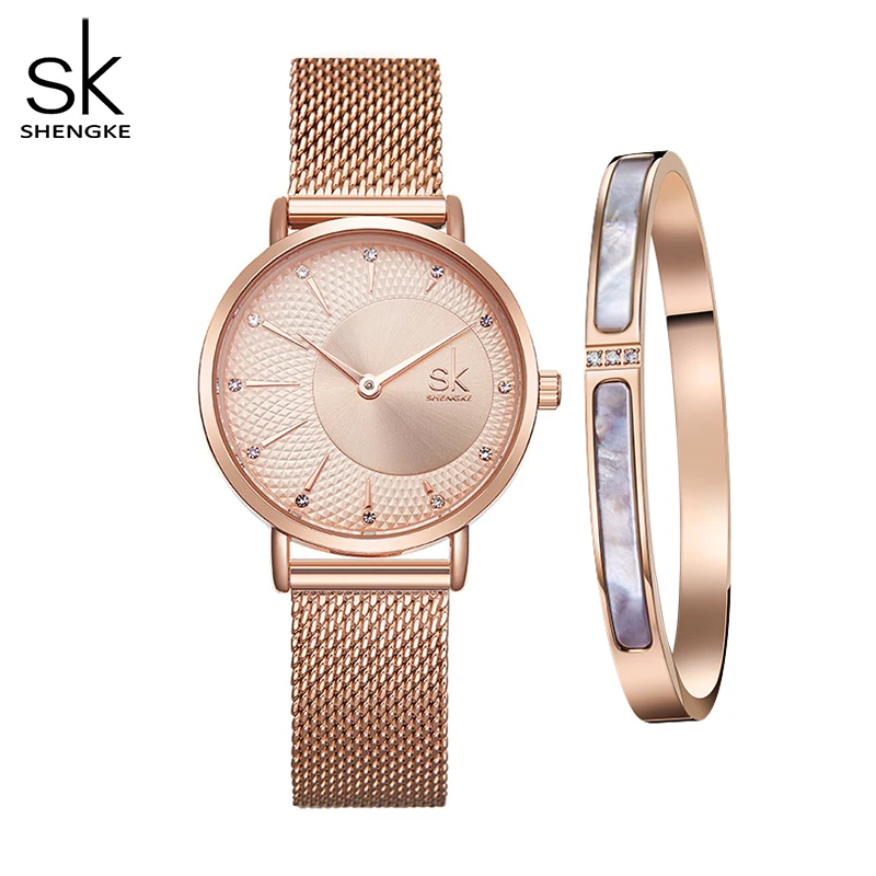 Women Watches Set Bracelet Japanese Quartz Movement Watches For Women Rosegold Elegant Gift Stainless Steel Mesh Ladies Clock