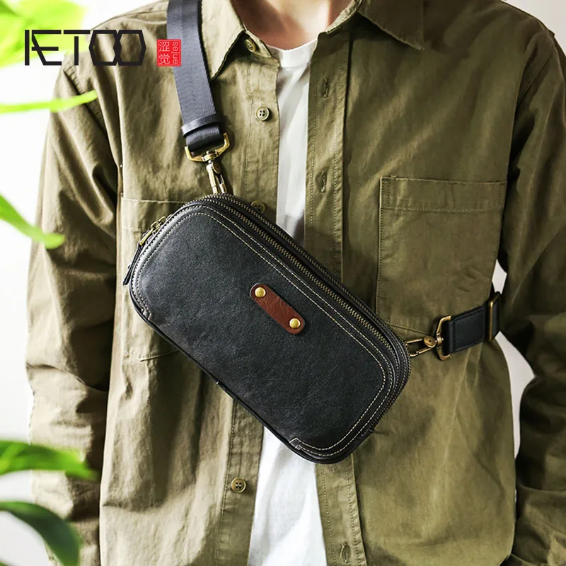 AETOO Leather chest bag, male personality casual shoulder bag, cowhide clutch, messenger bag