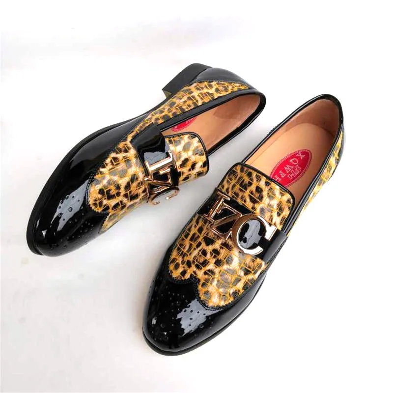 XQWFH Men Leopard Loafers Genuine Leather Moccasins Brogue Shoes Party and Wedding Business Driving Flats Slip On Dress Shoes