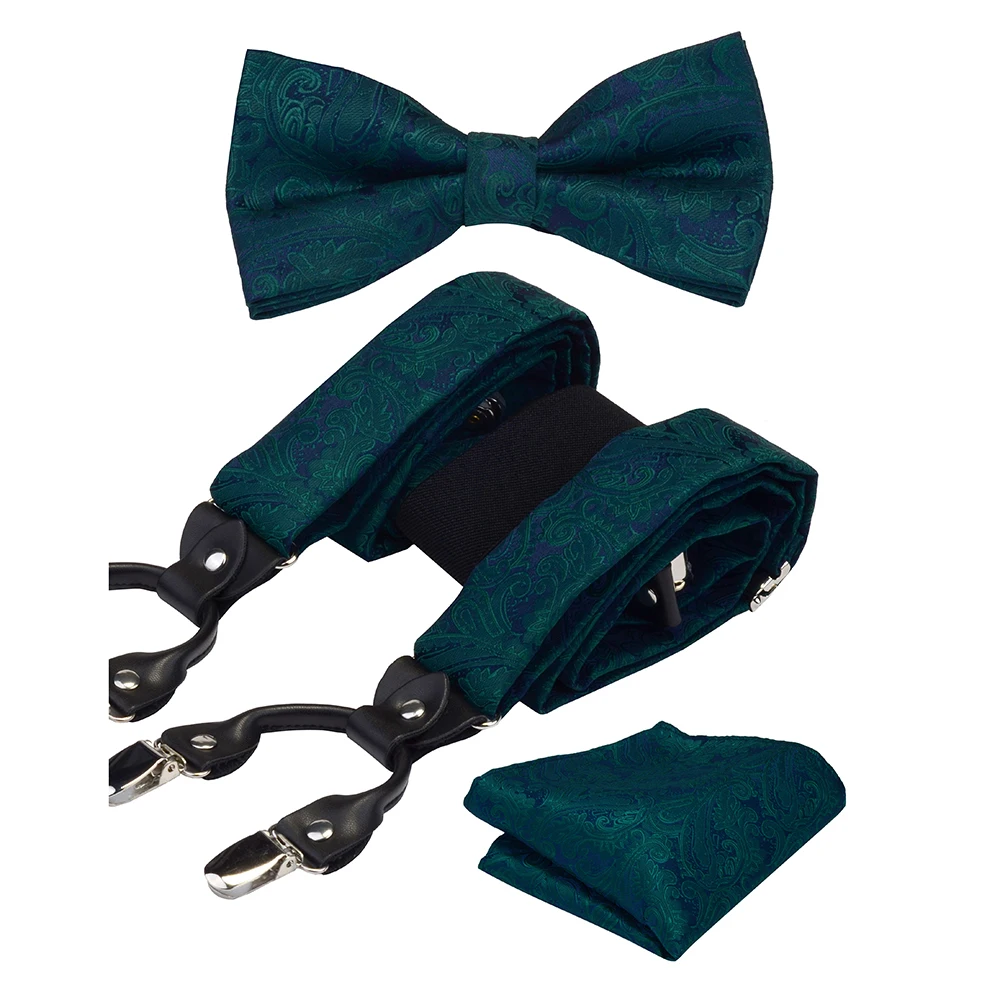 Men's Suspenders for Pant Fashion Paisley Braces Leather 6 Clips Adjustable Suspender Bow Tie Pocket Square Set with Box for Men