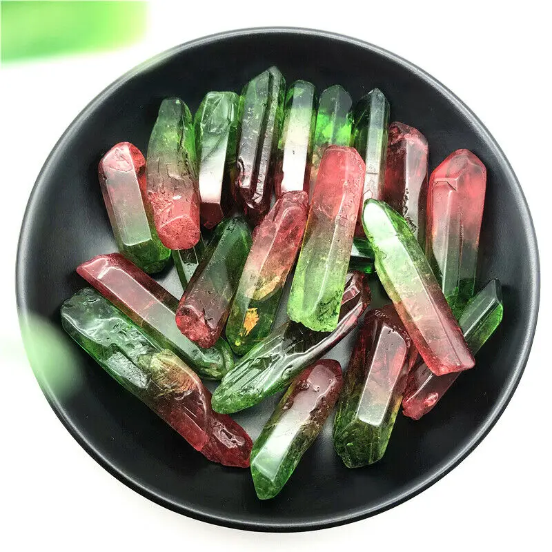 Wholesale 50g Electroplated Red and Green Titanium Aura Lemurian Crystal Wand Point Healing Crystal Stone Natural Quartz Crystal