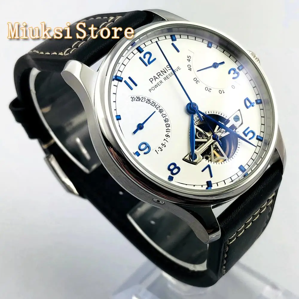 Parnis 43mm silver case date sea gull power reserve movement leather strap men\'s top casual automatic mechanical watch