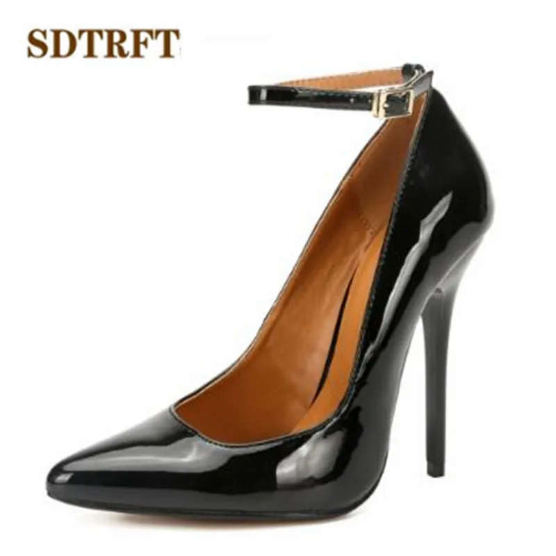 SDTRFT Woman Buckle Pumps 14cm Thin Heels Pointed Toe Stiletto Ladies Patent Leather Classic Fetish Ballet Shoes Plus:40-48 49