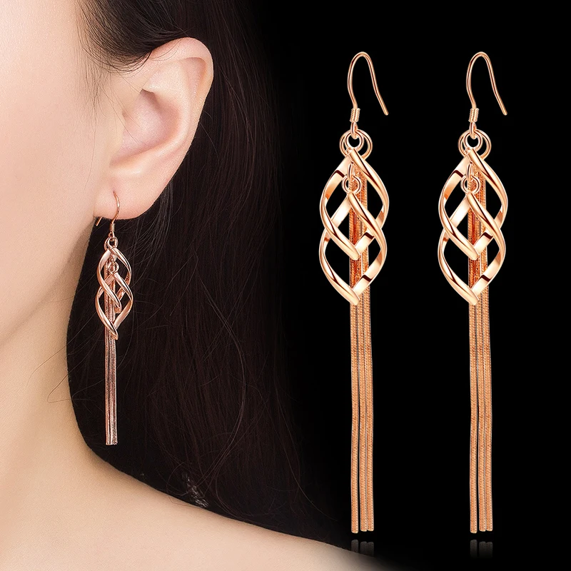 Vintage Hyperbolic Long Drop Earrings Cute Twisted Leaf Box Chain Tassel Dangle Earring Rose Gold Elegant Earring Jewelry Gifts