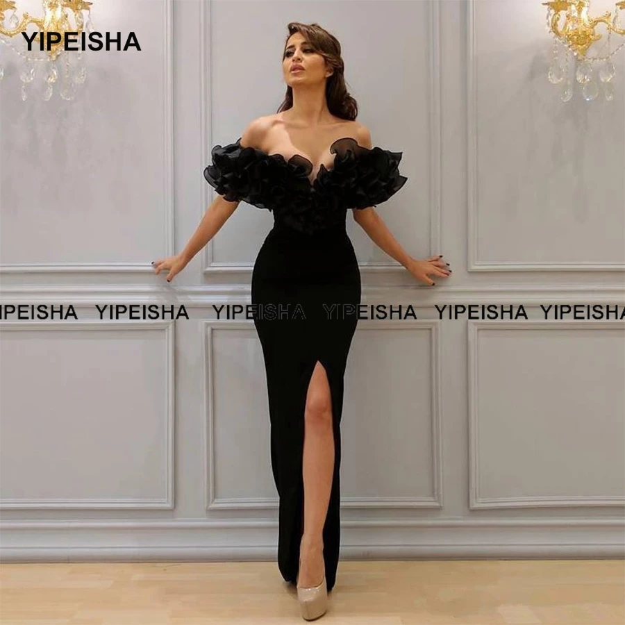 

Yipeisha 2021 Black Mermaid Evening Dresses Off the Shoulder Ruffles Trumpet Prom Gowns Long Party Dresses Front Split Robe