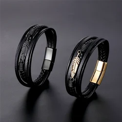 New Fashion Black Color Genuine Leather Bracelet Ladies Maple leaf Stainless Steel Magnetic Buckle Bangle Men For Cool Boys Gift