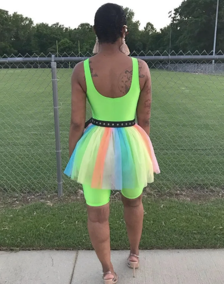 BKLD New 2019 Women Neon Rompers Jumpsuit Summer Clubwear Women Sleeveless Backless Bodycon Romper With Colorful Tutu Sashes