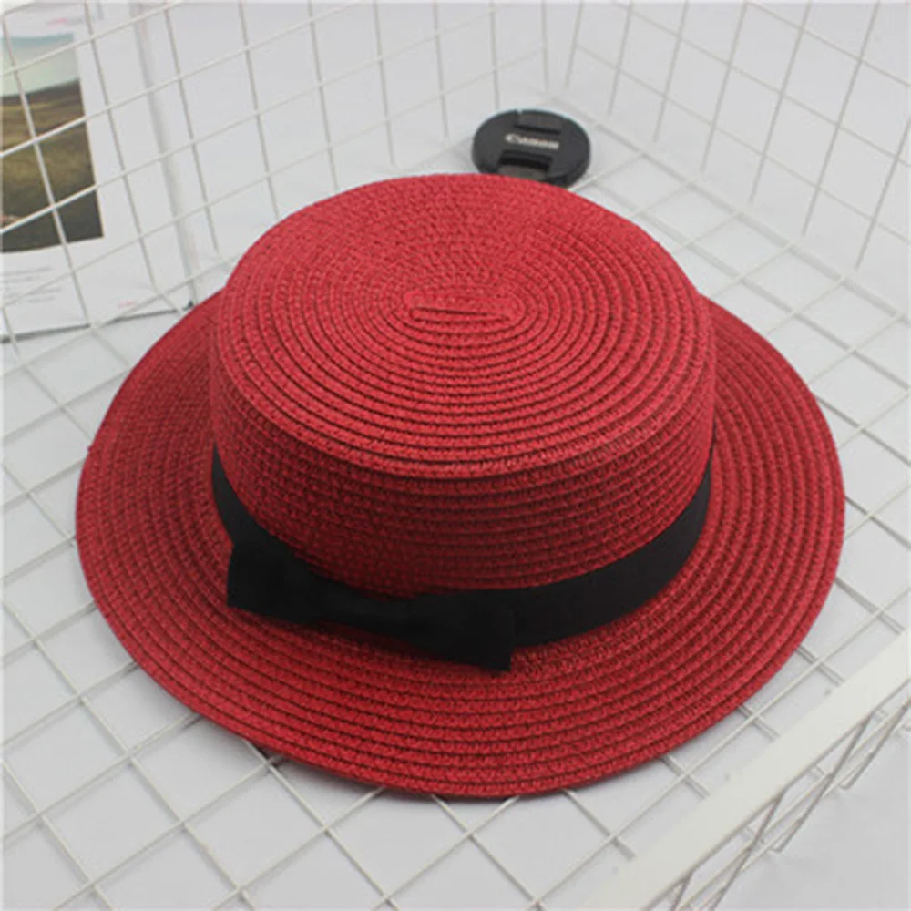 HUISHI Hat Straw Colorful Bowtie Parent-child Beach Cap Ladies Fashion Flat Brim Summer Straw Panama Cap Women Girls Sun Hat