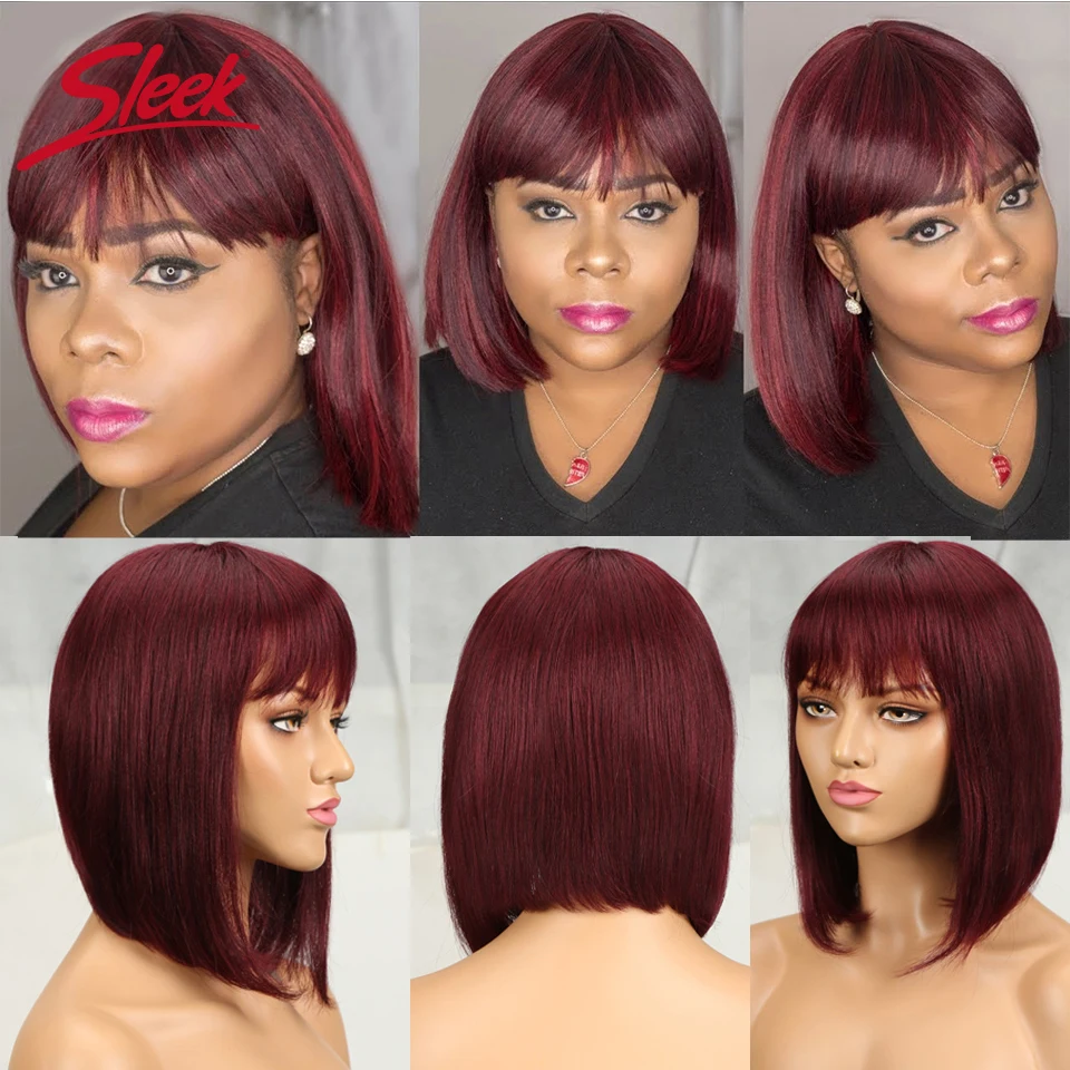 Red 99J Short Bob Wigs With Bang Sleek Brazilian Straight Hair Bob Wigs For Black Women P4/27# Glueless Machine Made Cheap Human