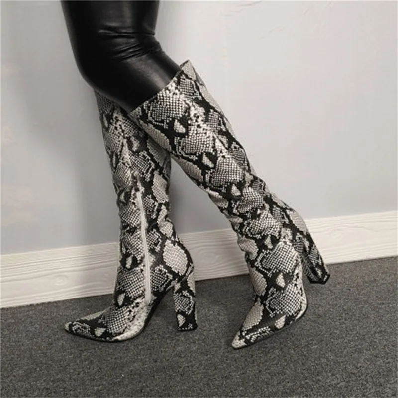 bota feminina snake skin print leather high heels botas knee high punk rain boots shoes woman pointy toe autumn winter chaussure