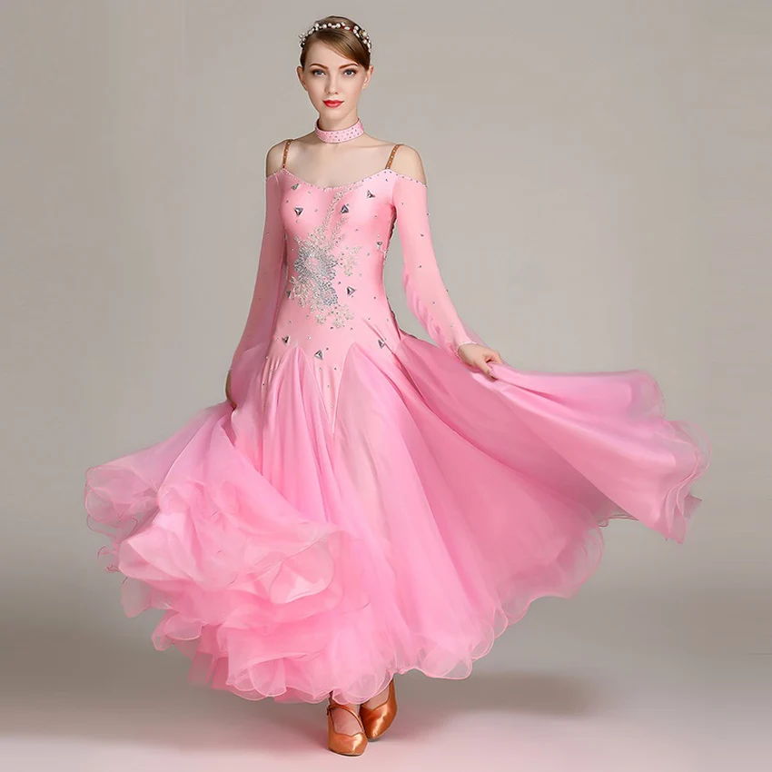 Walzer Langes Kleid rosa Flamenco Kleid Slim-Fit Standard Tanzkleid Wettbewerb Damen Bankettkleid Strass Aufkleber