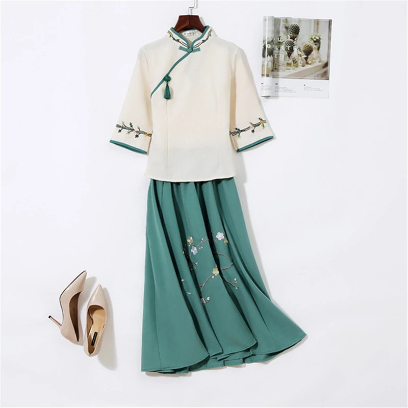 Women Embroidery Hanfu Mandarin Collar Top&Skirt Chinese Style Two Piece Suit Female Summer Tang Suit Plus Size 3XL