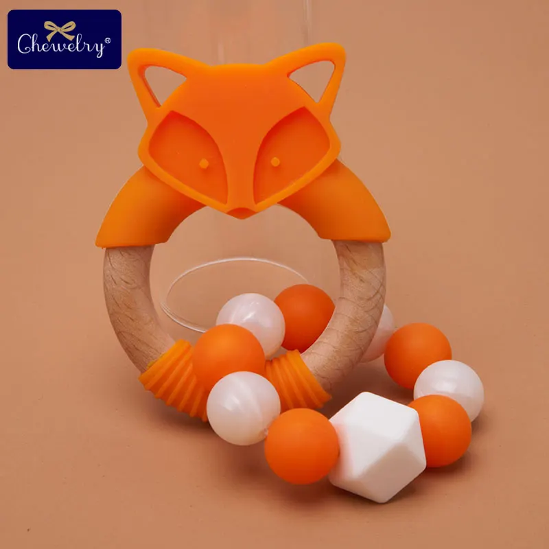 1PC Baby Teether Fox Bracelet Toys Silicone Beads Rodent Beech Wooden Ring DIY Necklace Marbles Teether For Kids Product Toys