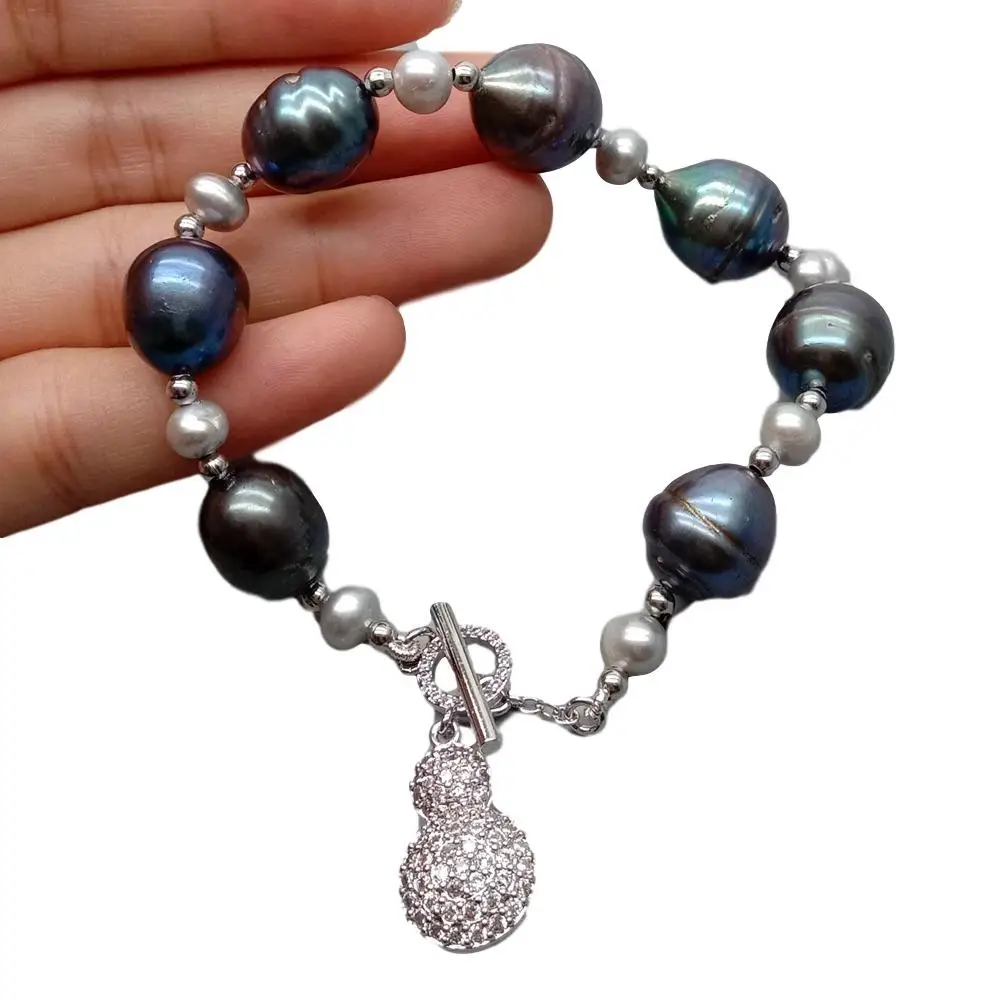 

YYGEM цельный кубический циркониевый подвеска Тыква натуральный культивированный черный рис пресноводный жемчуг серый жемчуг браслет 8 дюймов офисный стиль для женщин