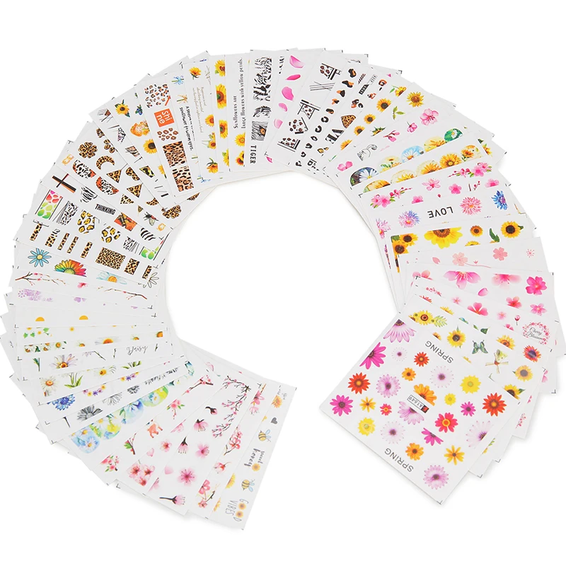 ชุดสติกเกอร์ติดเล็บลายเสือดาวดอกทานตะวัน48ชิ้นลายเล็บตกแต่งภาพสไลเดอร์น้ำ