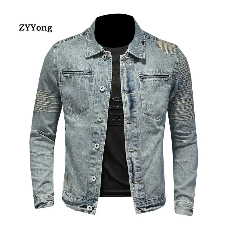 

Spring Jeans Jacket For Men Style Bomber Aviator Motorcycle Denim Casual Spliced Retro Embroidery Slim Fashion Streetwear Coat