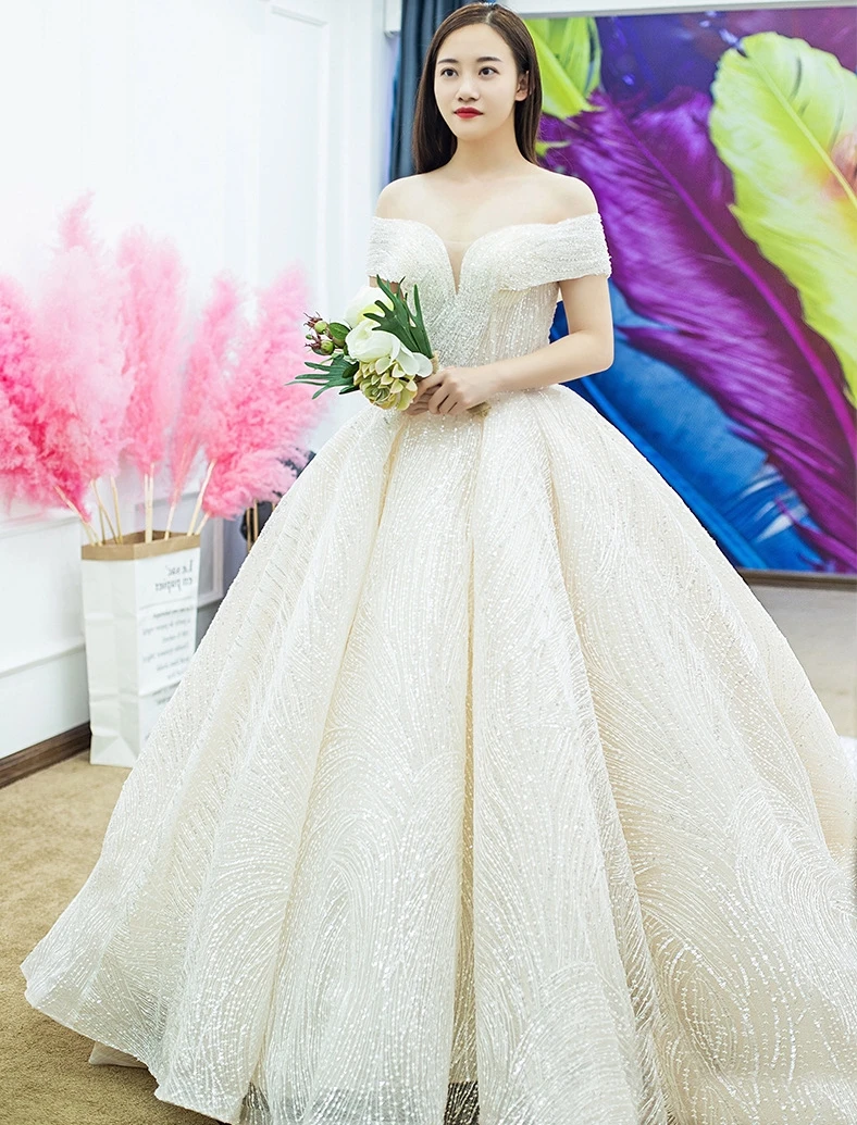 

Vestido de Noiva, новое пышное свадебное платье 2025, свадебное платье цвета шампанского с открытыми плечами и бусинами, расшитое блестками, Robe De Mariage