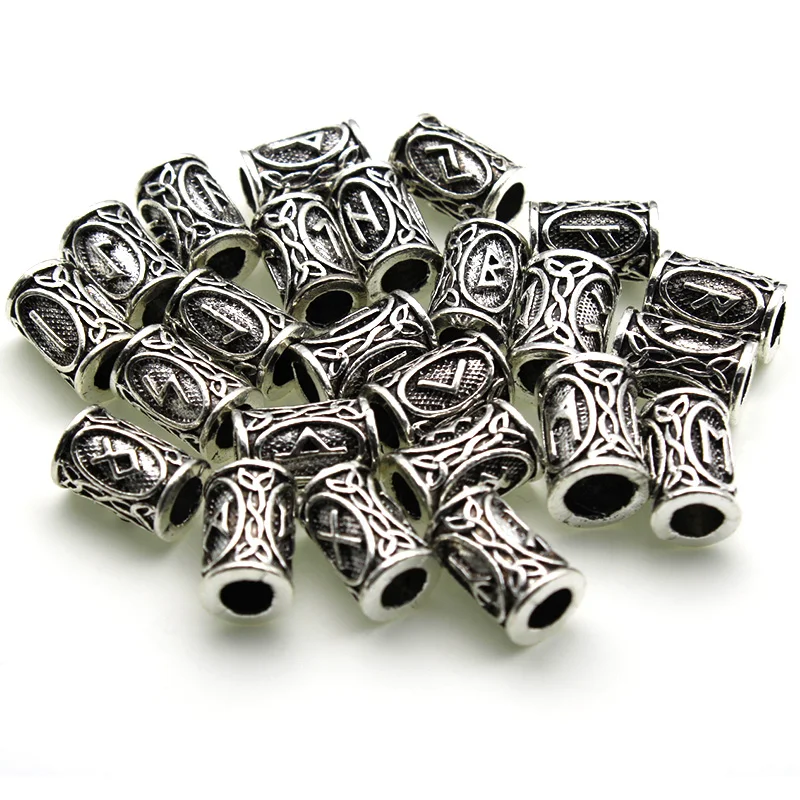 

10pcs Tibetan Silver Norse Viking Rune Spacer Charm Beads Metal Tube Bead for Hair Braid Beard Dreadlock Bead DIY Jewelry Making