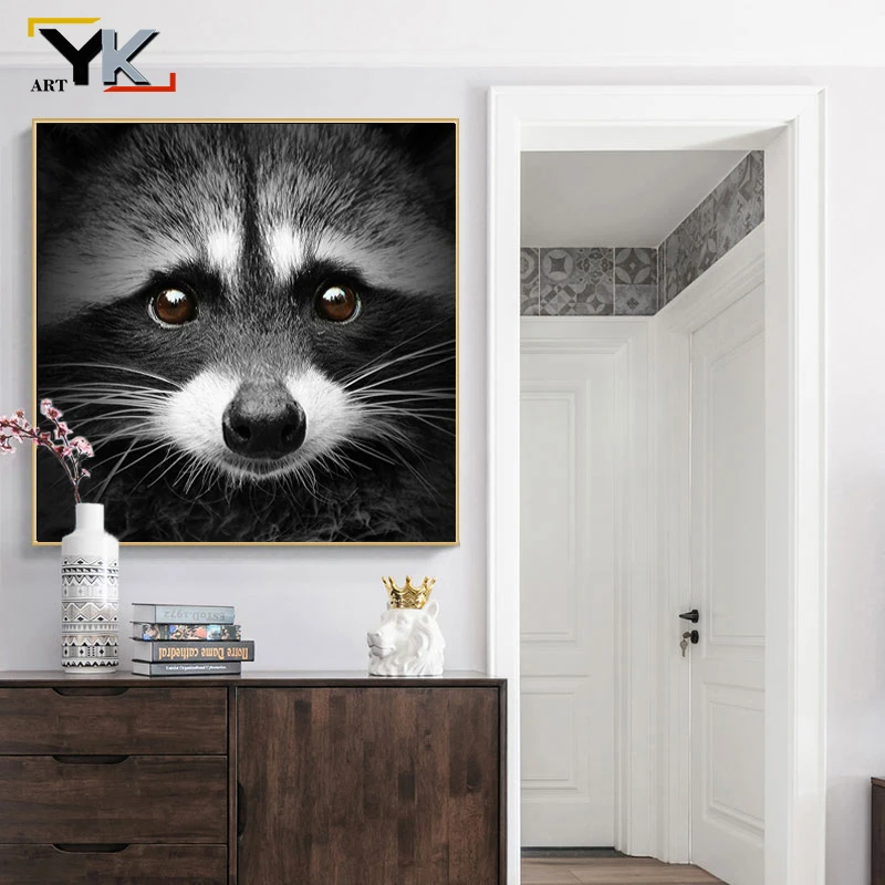 Modern Animal Black and White Cute Racoon Oil Painting on Canvas Posters and Prints Cuadros Wall Art Pictures For Living Room