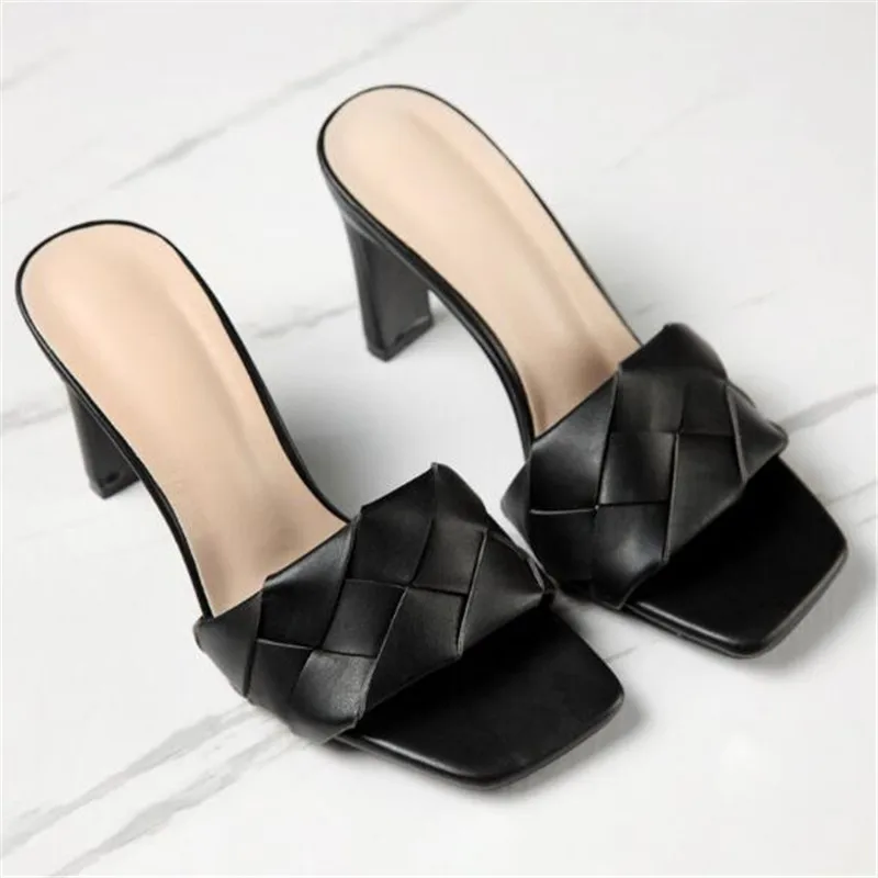 NEW Sexy PU diamond Square head Peep Toe High Heel Slippers Summer Fashion Slip On Thin Heels Slides Women Mules Party