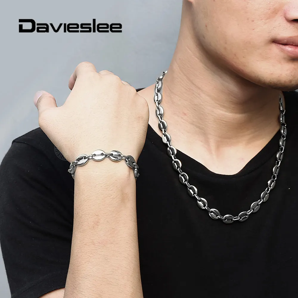 Stainless Steel Coffee Beans Link Chain Necklace Bracelet Set for Men Women 7/9/11mm Gold Silver Color Fashion Jewelry Set LSM05