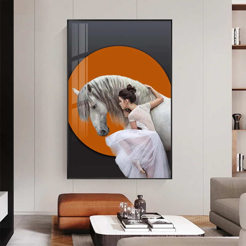 Abstract Classic Horse Orange Horse Racing Canvas Painting Wall Art Riding Woman Wall Pictures for Living Room Home Decoration