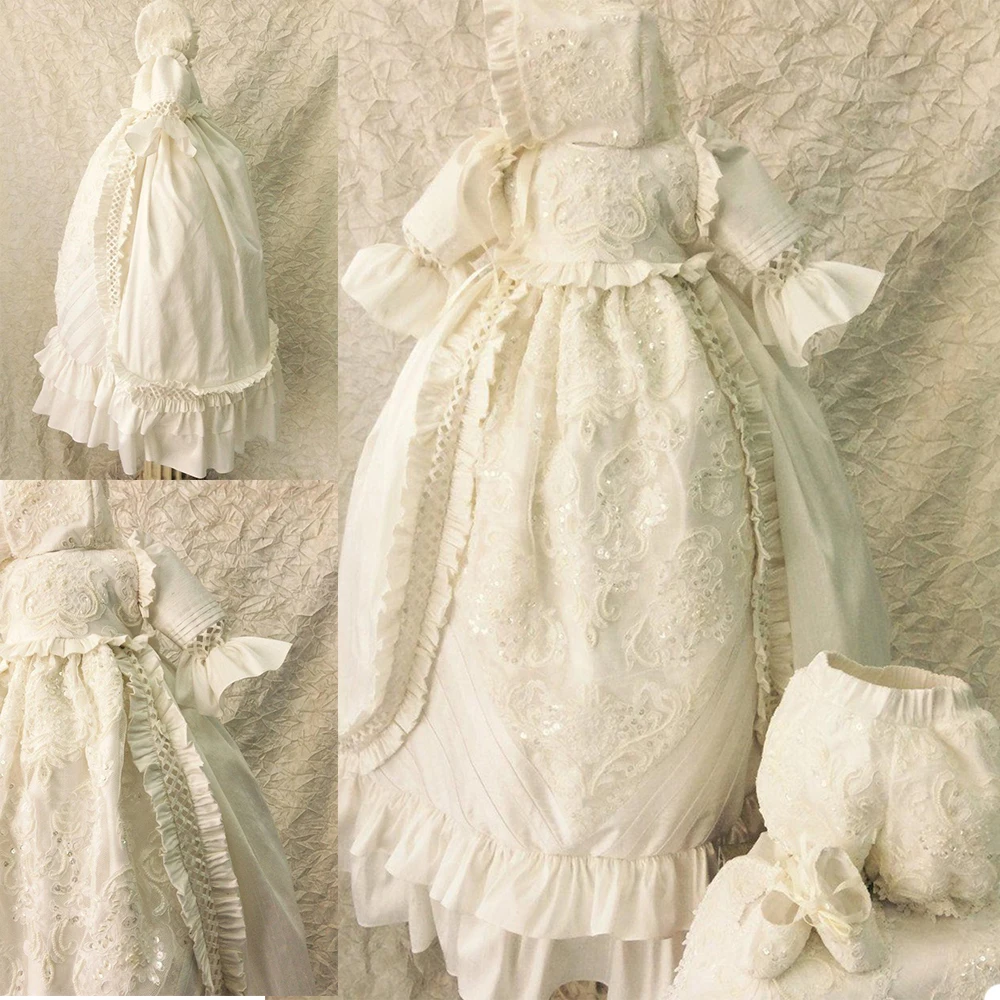 2021 Luxury Sequins Christening Gowns For Cute Baby Girl Lace Flowers Appliqued Pearls Baptism Dresses With Bonnet First Communi