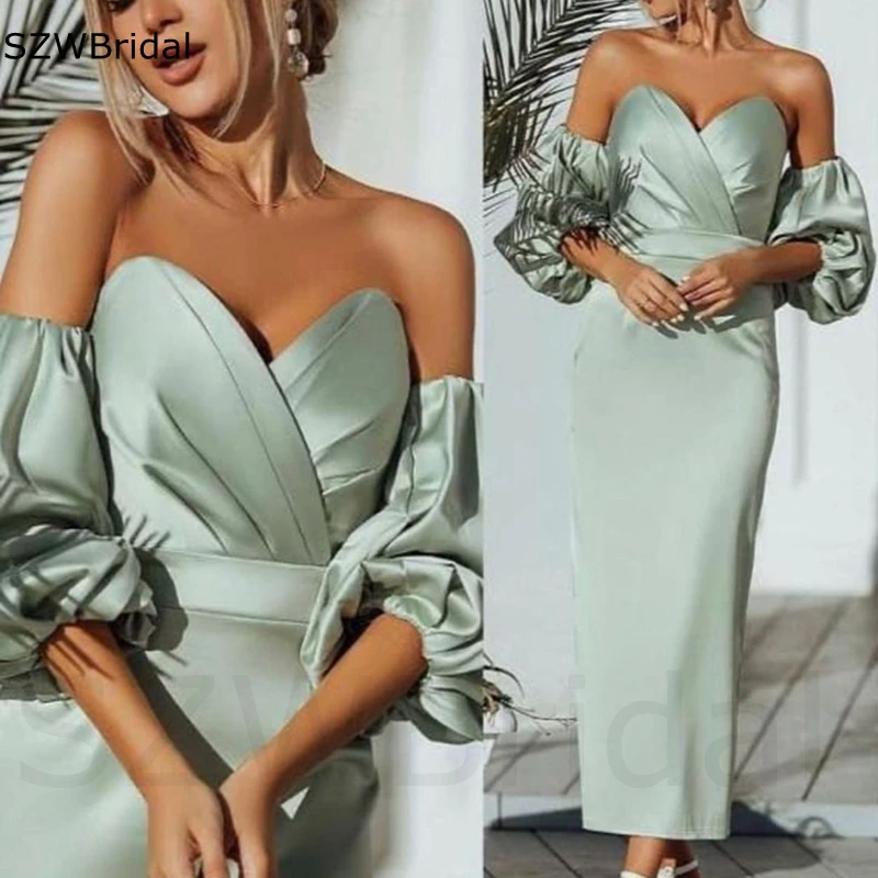 

New Arrival Satin Sky Blue Caftan Dubai Evening dress Abendkleider Tea length Evening gown Robes de soirée