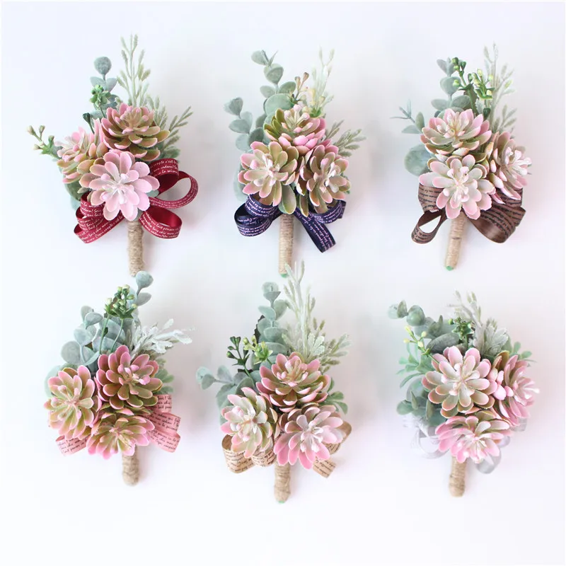 YO CHO Plastica Succulente Fiore All'occhiello Wedding Polso Corsage Pianta Artificiale Mens Boutonniere Rosa Corpetto Promenade Del Partito Accessori