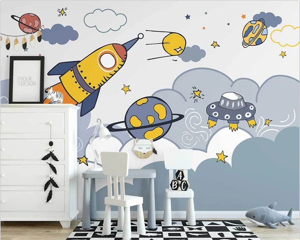 

beibehang Customize new Nordic hand-painted cartoon rocket space starry children's room background wallpaper papier peint