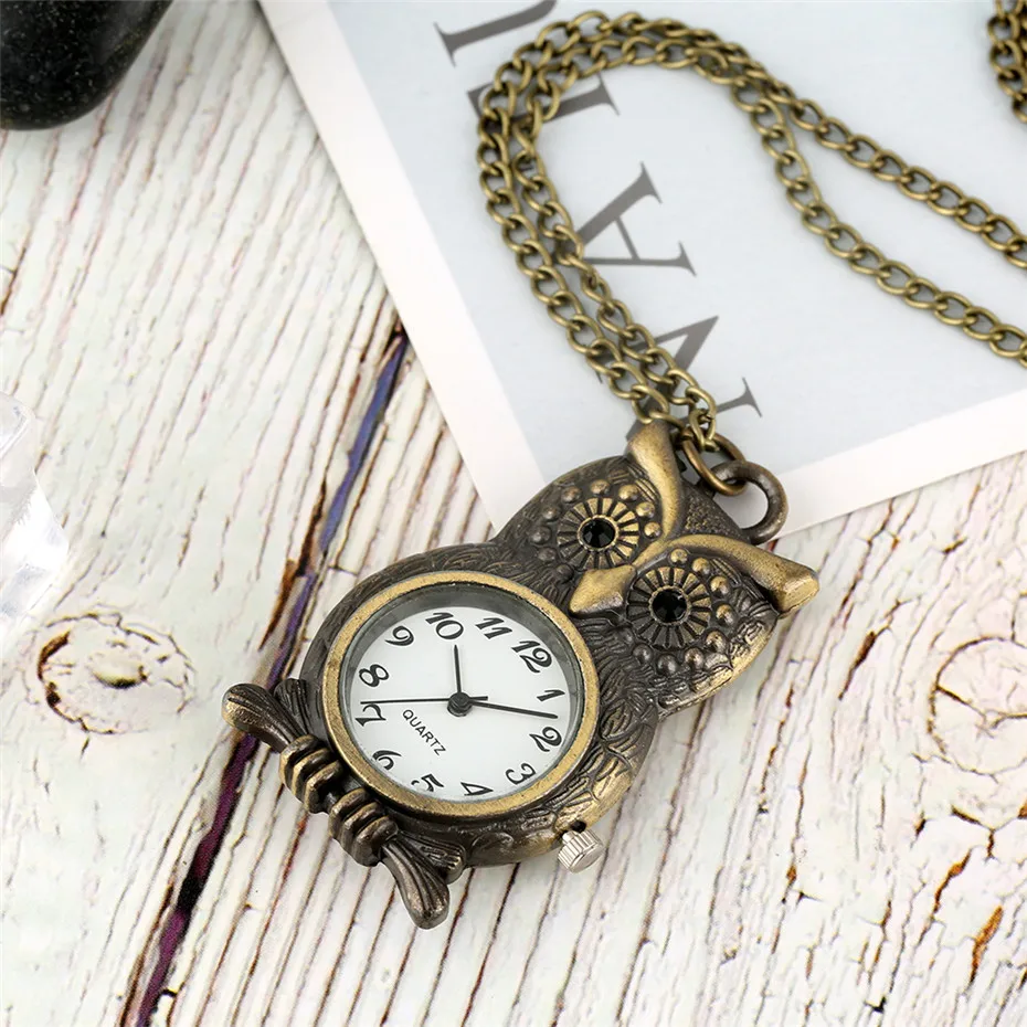 Bronzen Uil Vorm Hanger Horloge Quartz Zakhorloge Retro Fob Trui Ketting Arabische Cijfers Display Ketting Klok