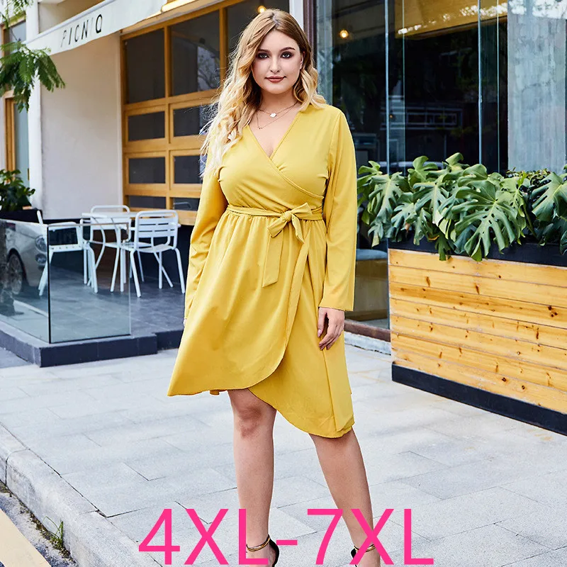 New 2021 autumn winter plus size dresses for women large loose casual scollop belt yellow V-neck low-cut dress 4XL 5XL 6XL 7XL