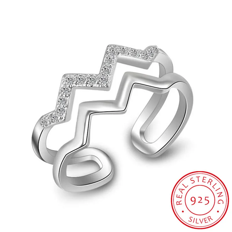 925 ayar gümüş yüzük kadınlar için Trendy moda çok katmanlı CZ zirkonya dalga boyutlandırılabilir yüzükler Bague S-R197